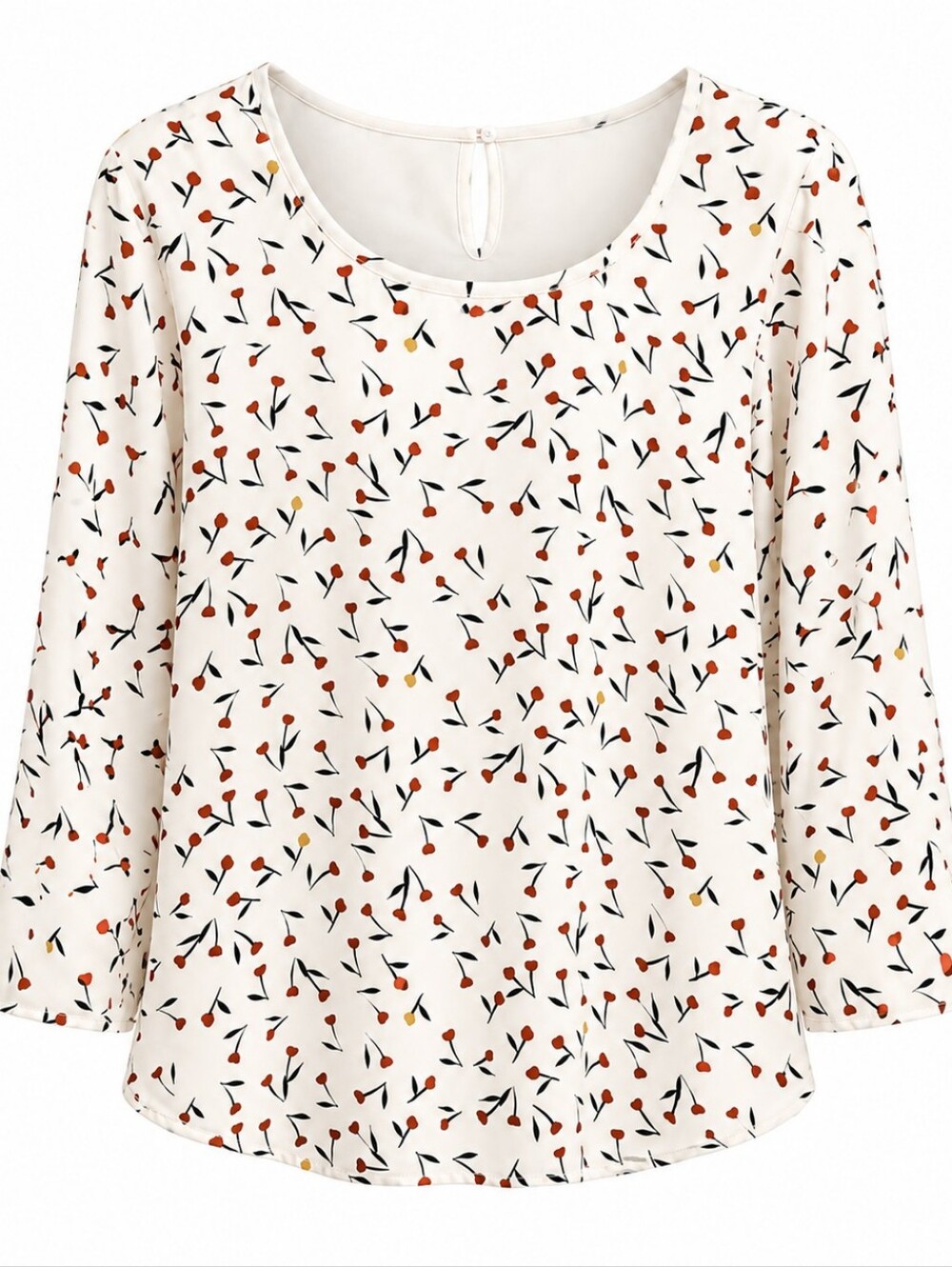 Van Heusen Cream Scoop Neck Blouse with Red and Yellow Floral Dots Size LG